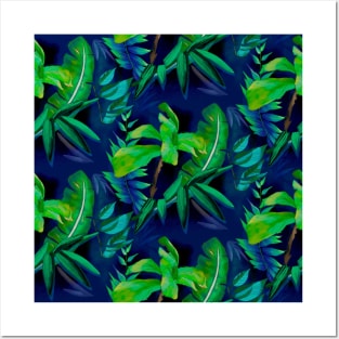 Elegant Tropical floral leaves botanical pattern,botanical pattern, tropical plants, dark blue leaves pattern over a Posters and Art